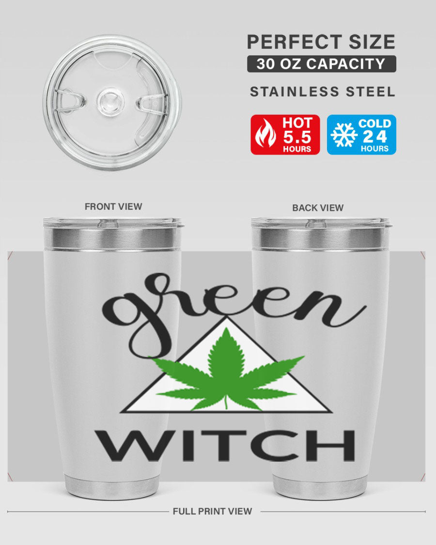 Green cannabis themed tumbler with double wall vacuum insulation and drink-thru lid, perfect for hot and cold beverages.