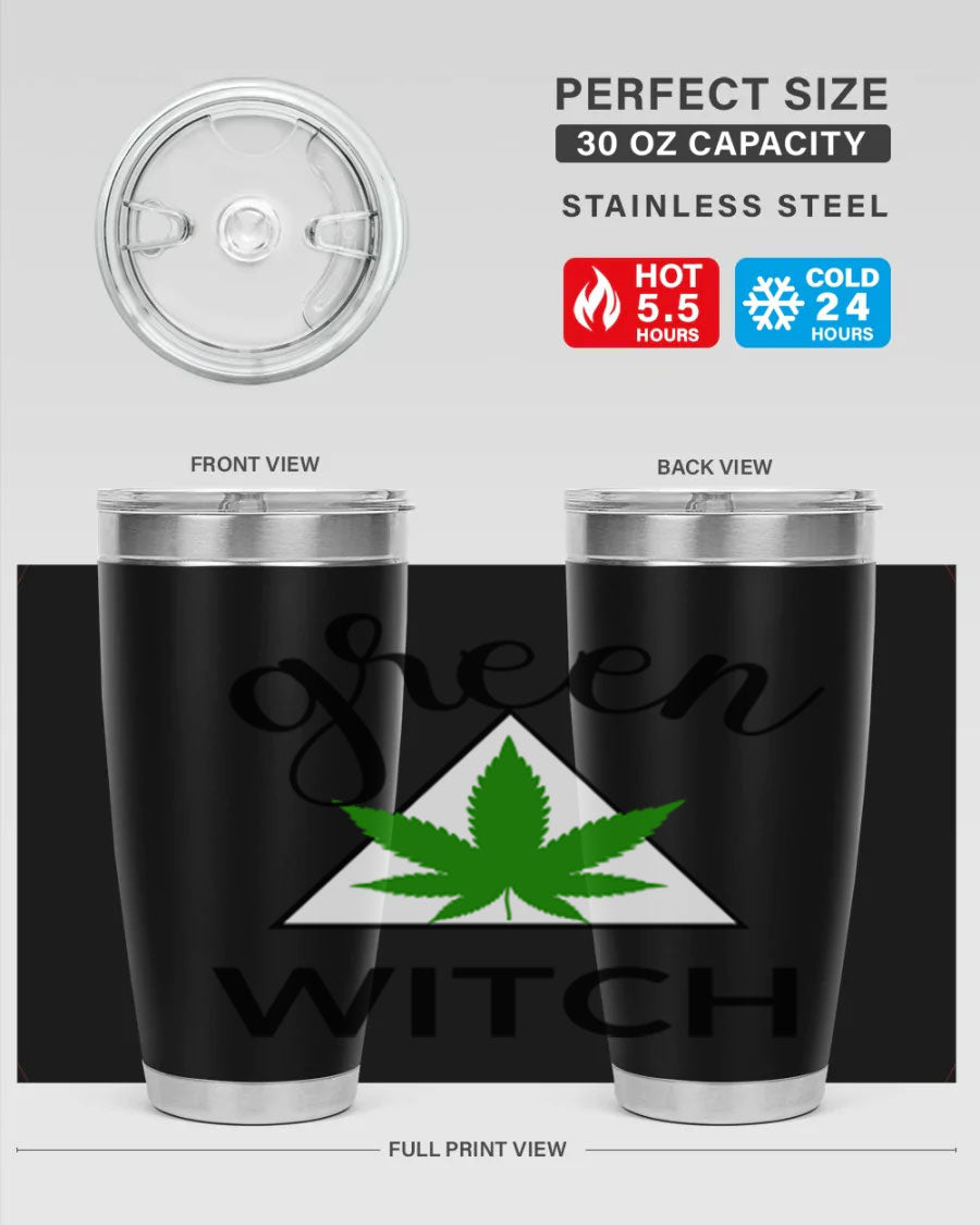 Green cannabis themed tumbler with double wall vacuum insulation and drink-thru lid, perfect for hot and cold beverages.