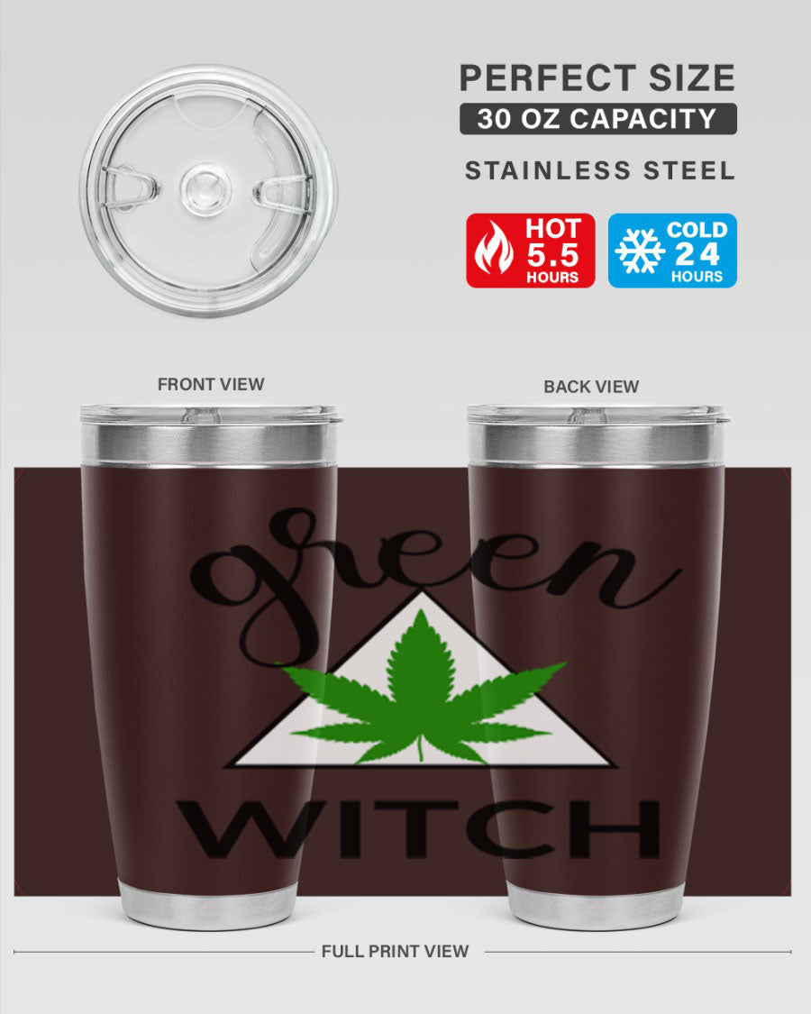 Green cannabis themed tumbler with double wall vacuum insulation and drink-thru lid, perfect for hot and cold beverages.