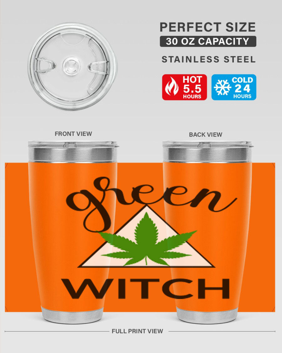 Green cannabis themed tumbler with double wall vacuum insulation and drink-thru lid, perfect for hot and cold beverages.