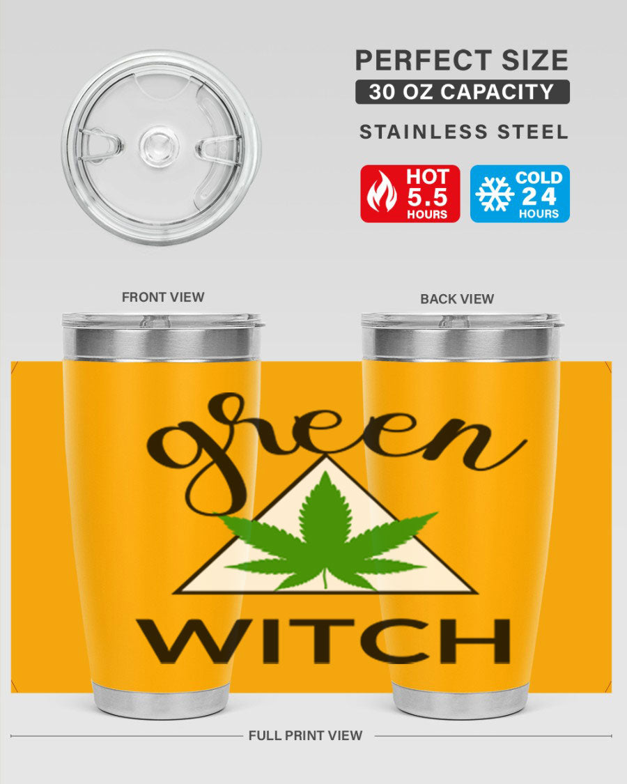 Green cannabis themed tumbler with double wall vacuum insulation and drink-thru lid, perfect for hot and cold beverages.