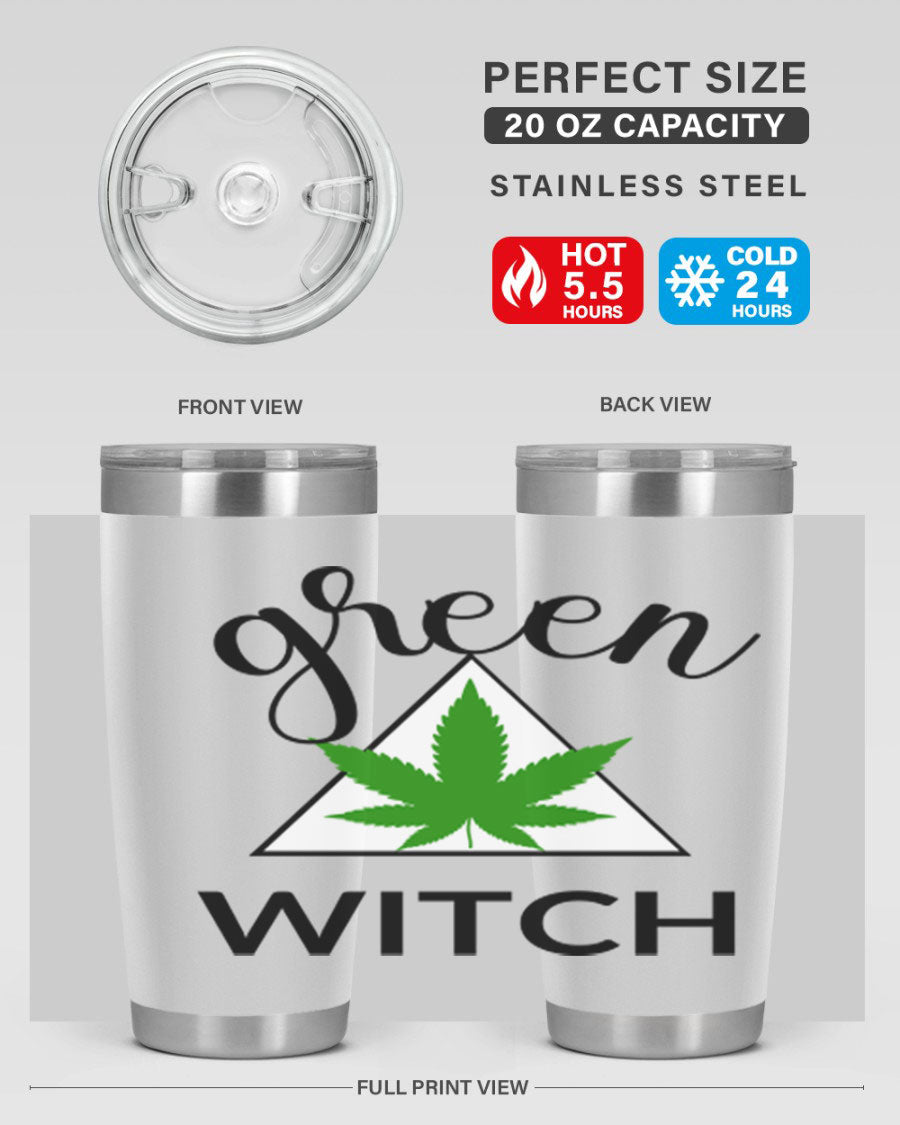 Green cannabis themed tumbler with double wall vacuum insulation and drink-thru lid, perfect for hot and cold beverages.