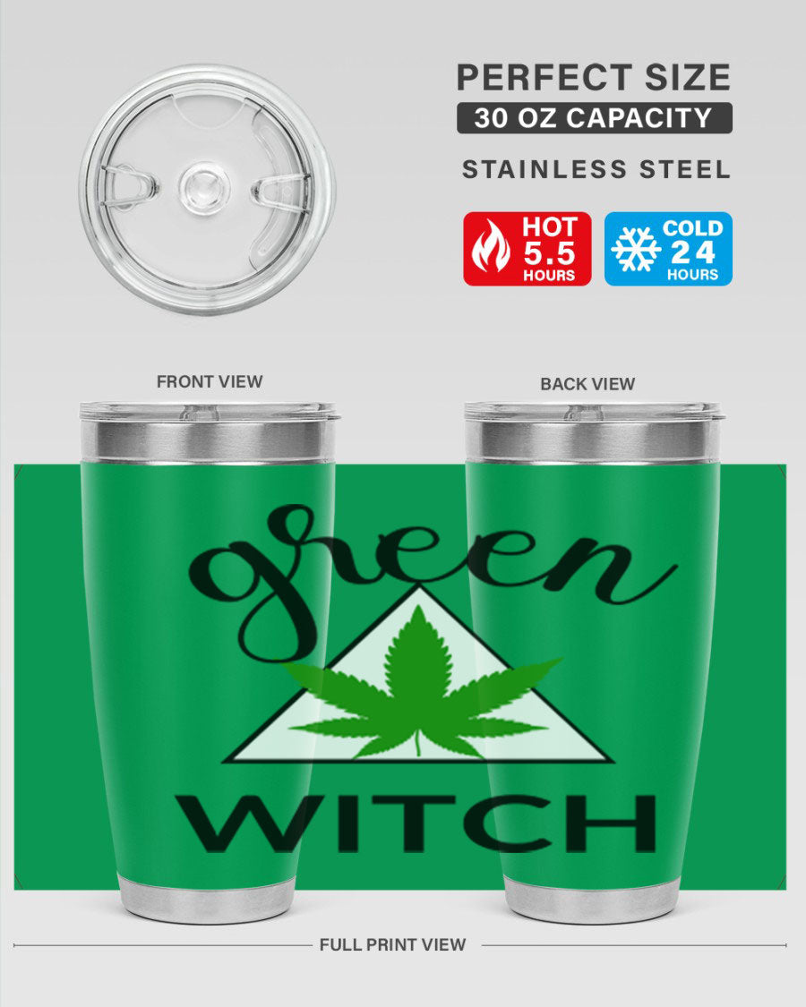 Green cannabis themed tumbler with double wall vacuum insulation and drink-thru lid, perfect for hot and cold beverages.