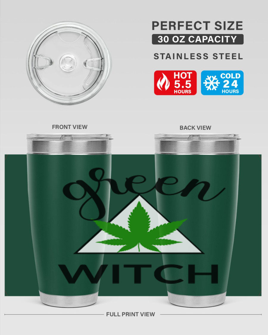 Green cannabis themed tumbler with double wall vacuum insulation and drink-thru lid, perfect for hot and cold beverages.