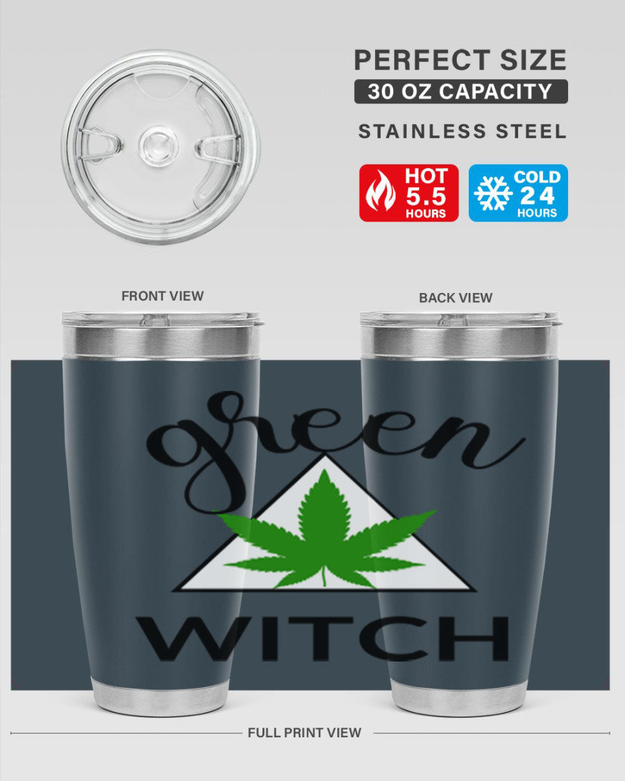 Green cannabis themed tumbler with double wall vacuum insulation and drink-thru lid, perfect for hot and cold beverages.