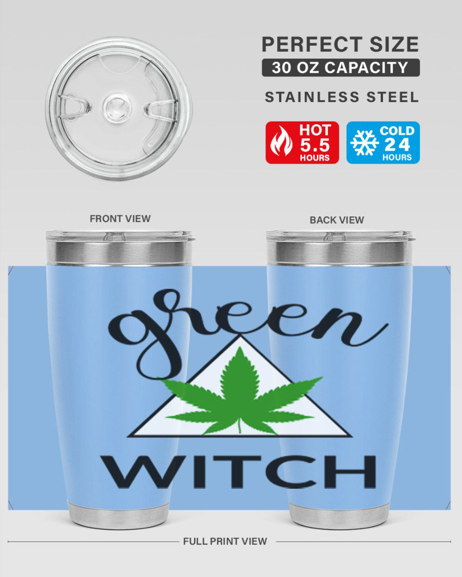 Green cannabis themed tumbler with double wall vacuum insulation and drink-thru lid, perfect for hot and cold beverages.