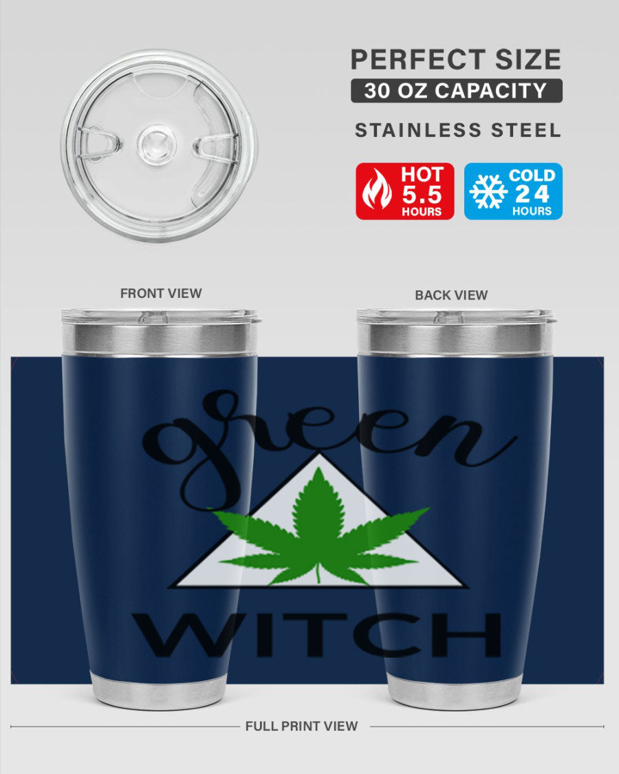 Green cannabis themed tumbler with double wall vacuum insulation and drink-thru lid, perfect for hot and cold beverages.