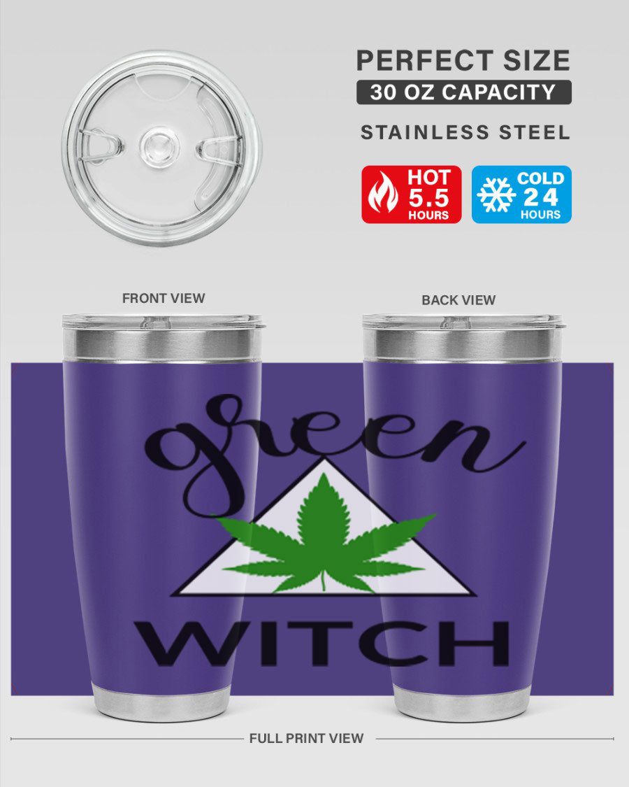 Green cannabis themed tumbler with double wall vacuum insulation and drink-thru lid, perfect for hot and cold beverages.