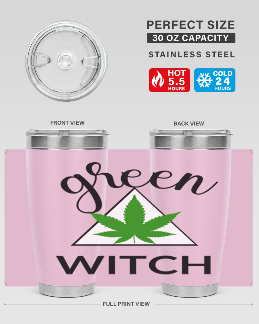 Green cannabis themed tumbler with double wall vacuum insulation and drink-thru lid, perfect for hot and cold beverages.