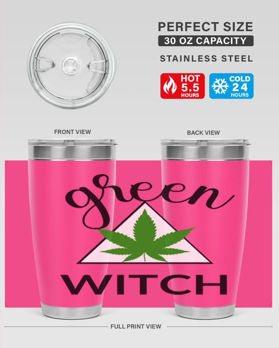 Green cannabis themed tumbler with double wall vacuum insulation and drink-thru lid, perfect for hot and cold beverages.