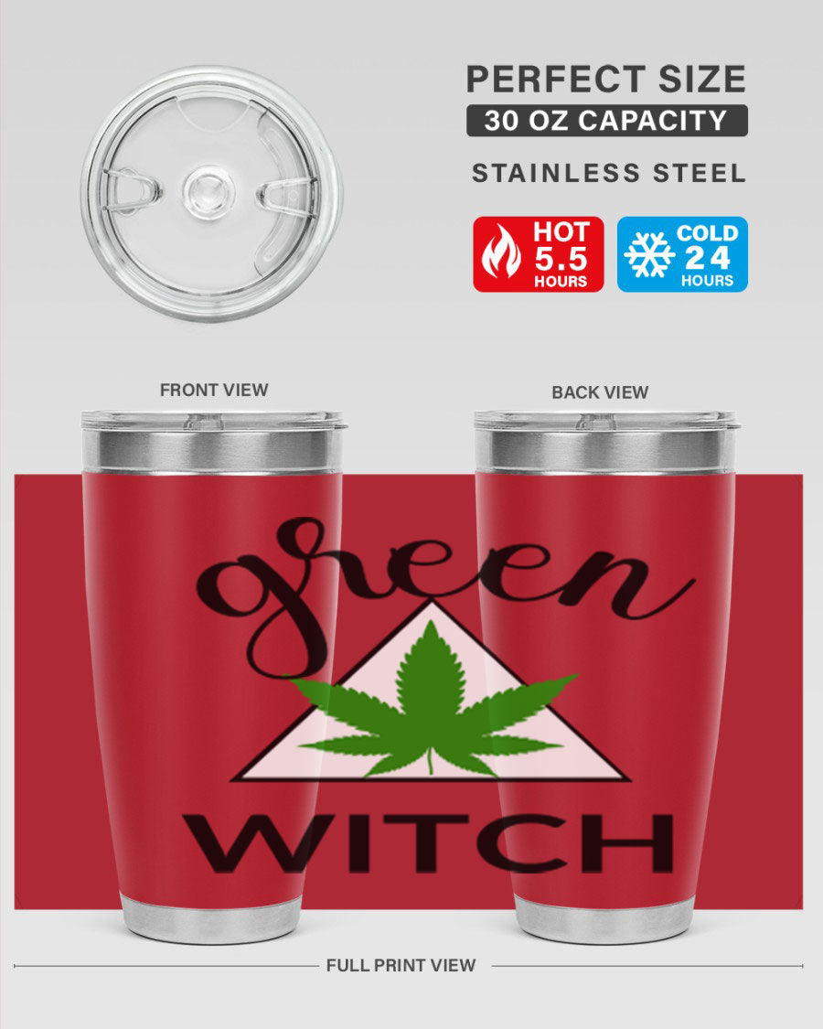 Green cannabis themed tumbler with double wall vacuum insulation and drink-thru lid, perfect for hot and cold beverages.