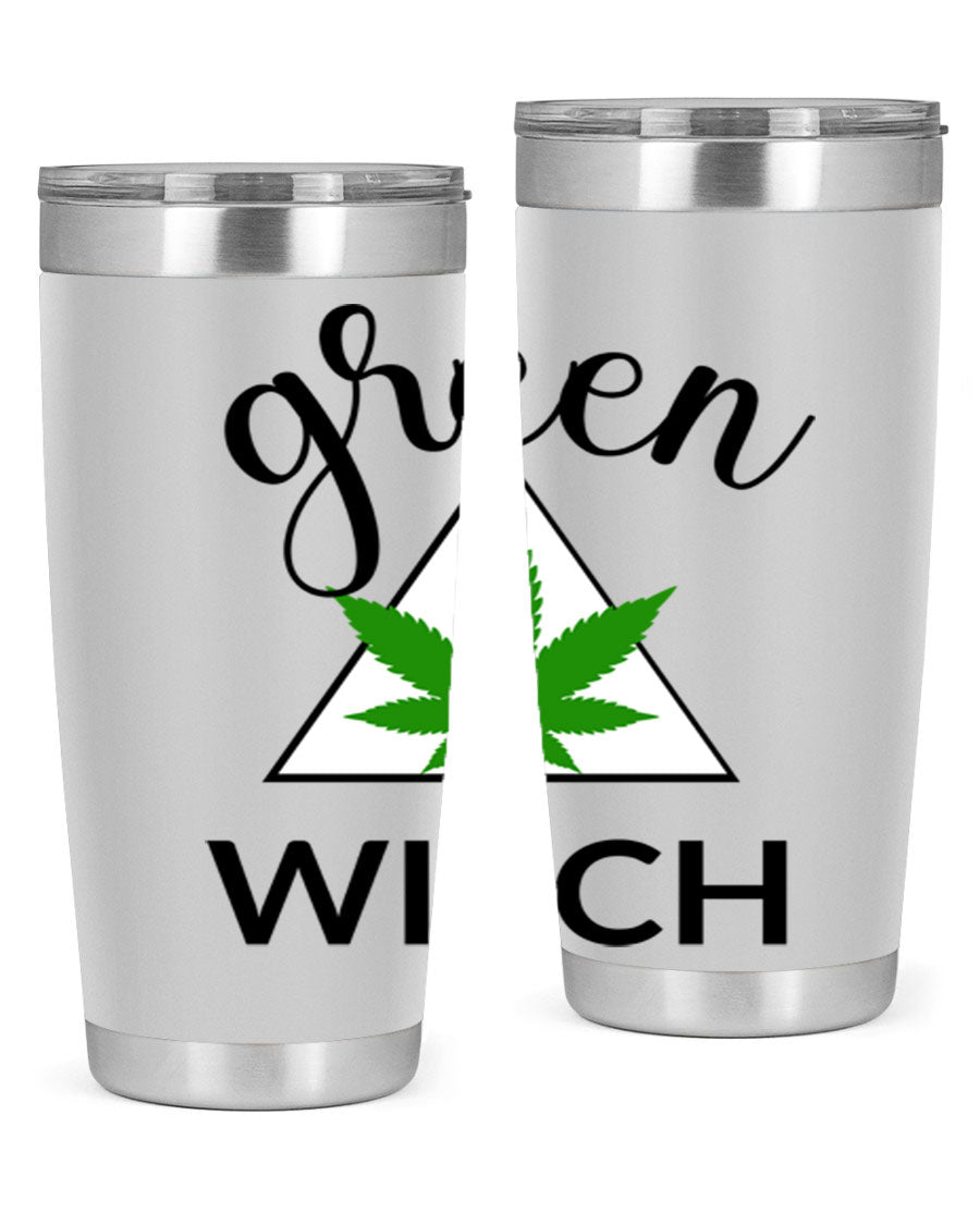 Green cannabis themed tumbler with double wall vacuum insulation and drink-thru lid, perfect for hot and cold beverages.