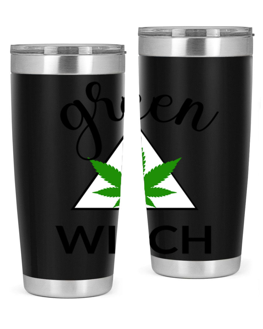 Green cannabis themed tumbler with double wall vacuum insulation and drink-thru lid, perfect for hot and cold beverages.