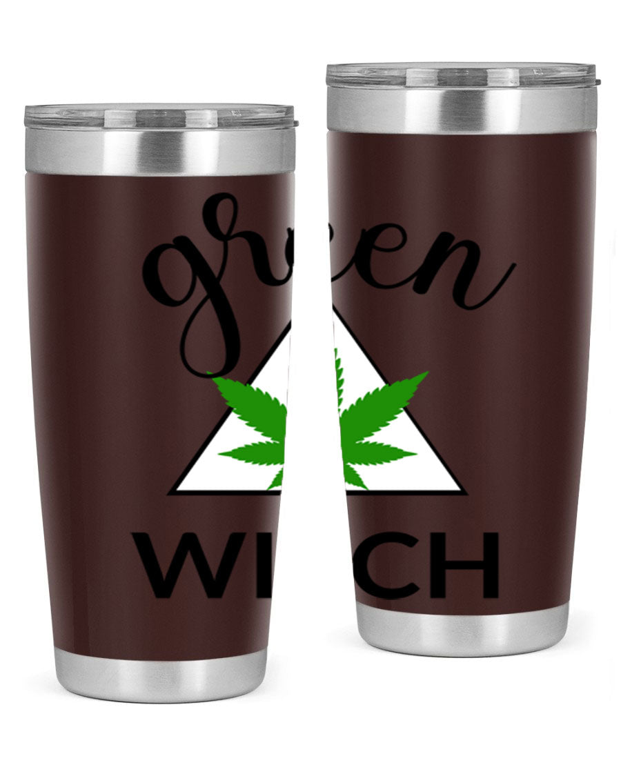 Green cannabis themed tumbler with double wall vacuum insulation and drink-thru lid, perfect for hot and cold beverages.