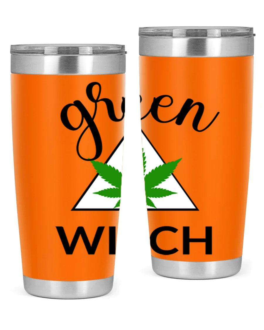 Green cannabis themed tumbler with double wall vacuum insulation and drink-thru lid, perfect for hot and cold beverages.