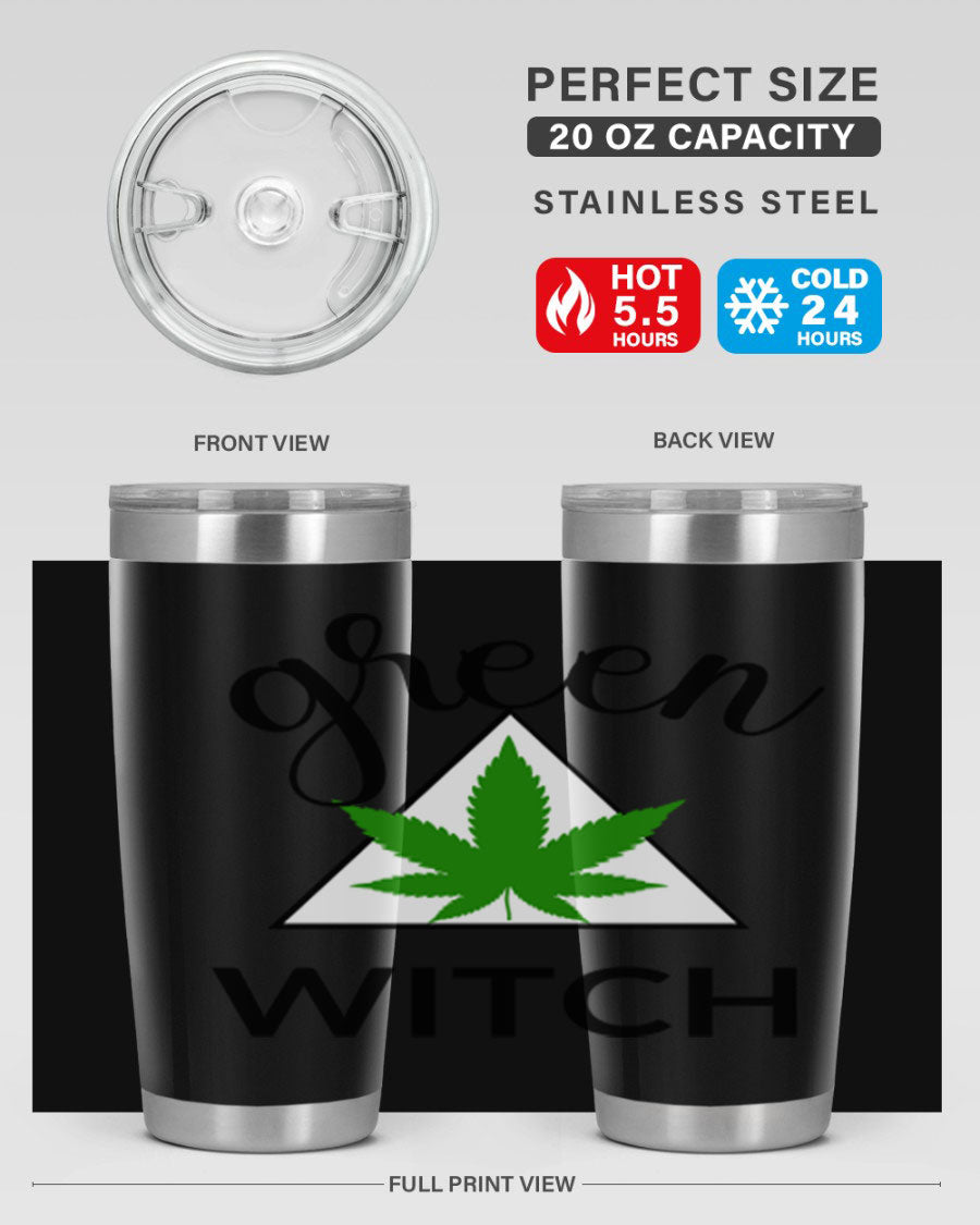 Green cannabis themed tumbler with double wall vacuum insulation and drink-thru lid, perfect for hot and cold beverages.