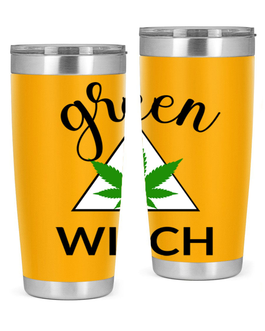 Green cannabis themed tumbler with double wall vacuum insulation and drink-thru lid, perfect for hot and cold beverages.