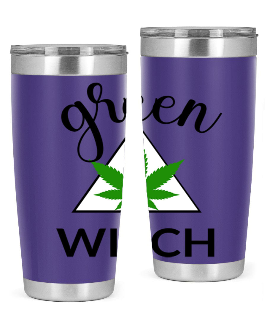 Green cannabis themed tumbler with double wall vacuum insulation and drink-thru lid, perfect for hot and cold beverages.