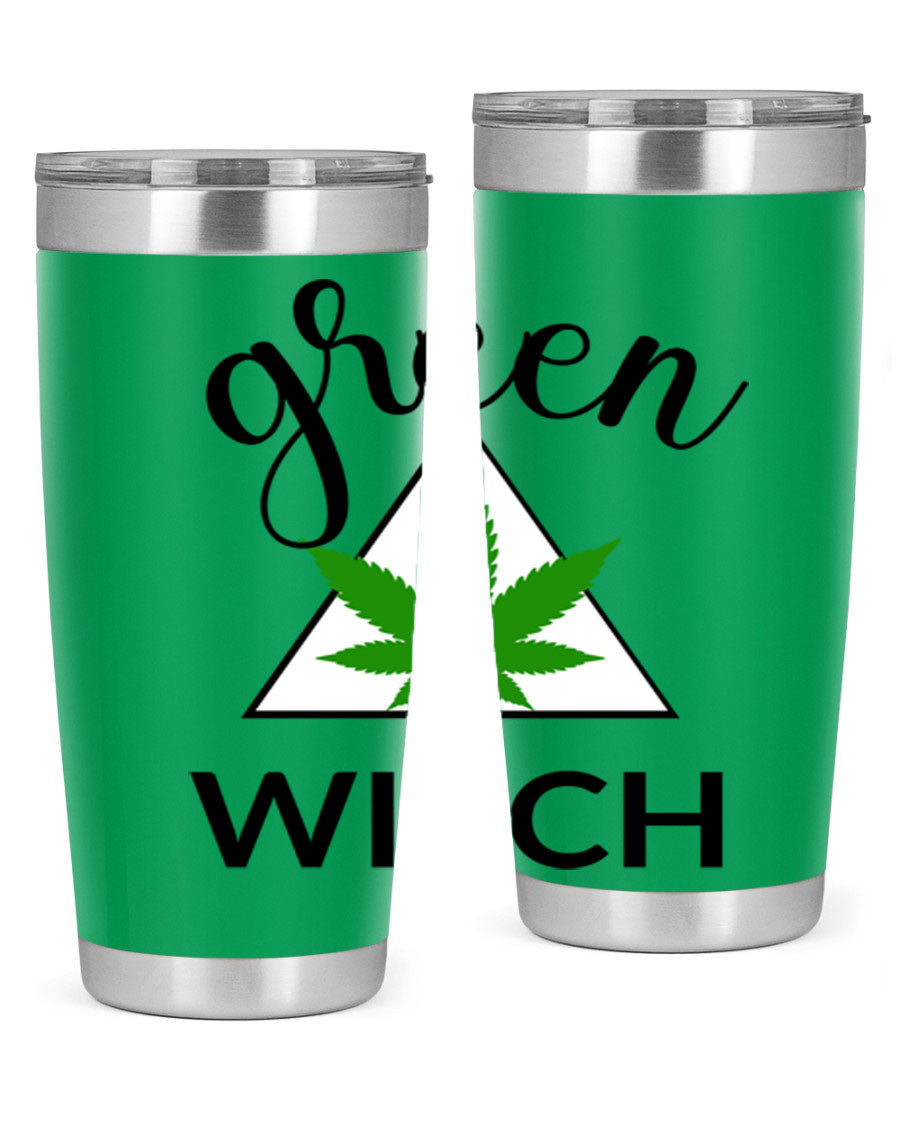 Green cannabis themed tumbler with double wall vacuum insulation and drink-thru lid, perfect for hot and cold beverages.