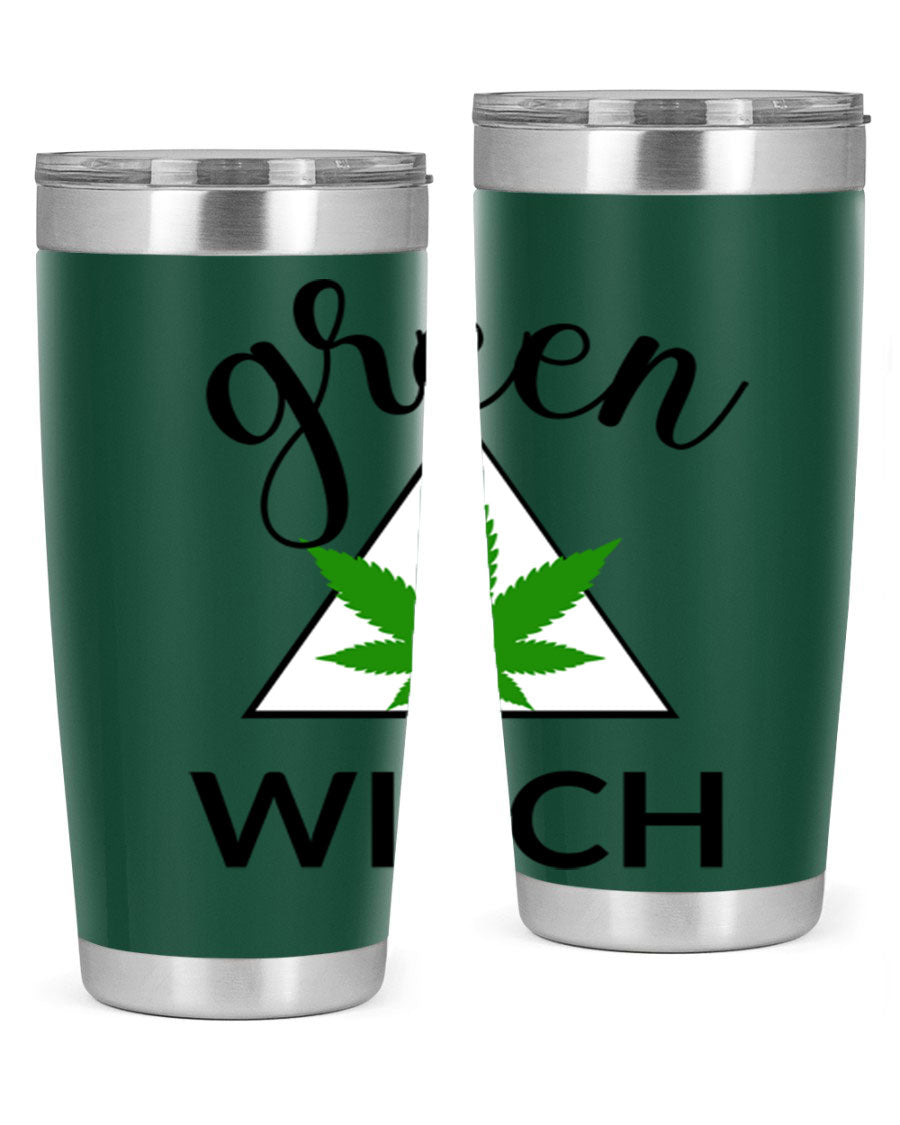 Green cannabis themed tumbler with double wall vacuum insulation and drink-thru lid, perfect for hot and cold beverages.