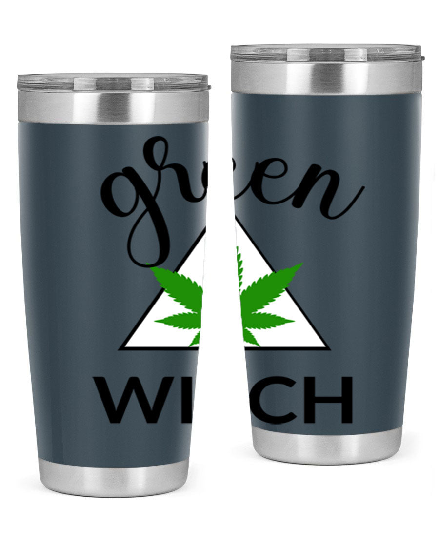 Green cannabis themed tumbler with double wall vacuum insulation and drink-thru lid, perfect for hot and cold beverages.