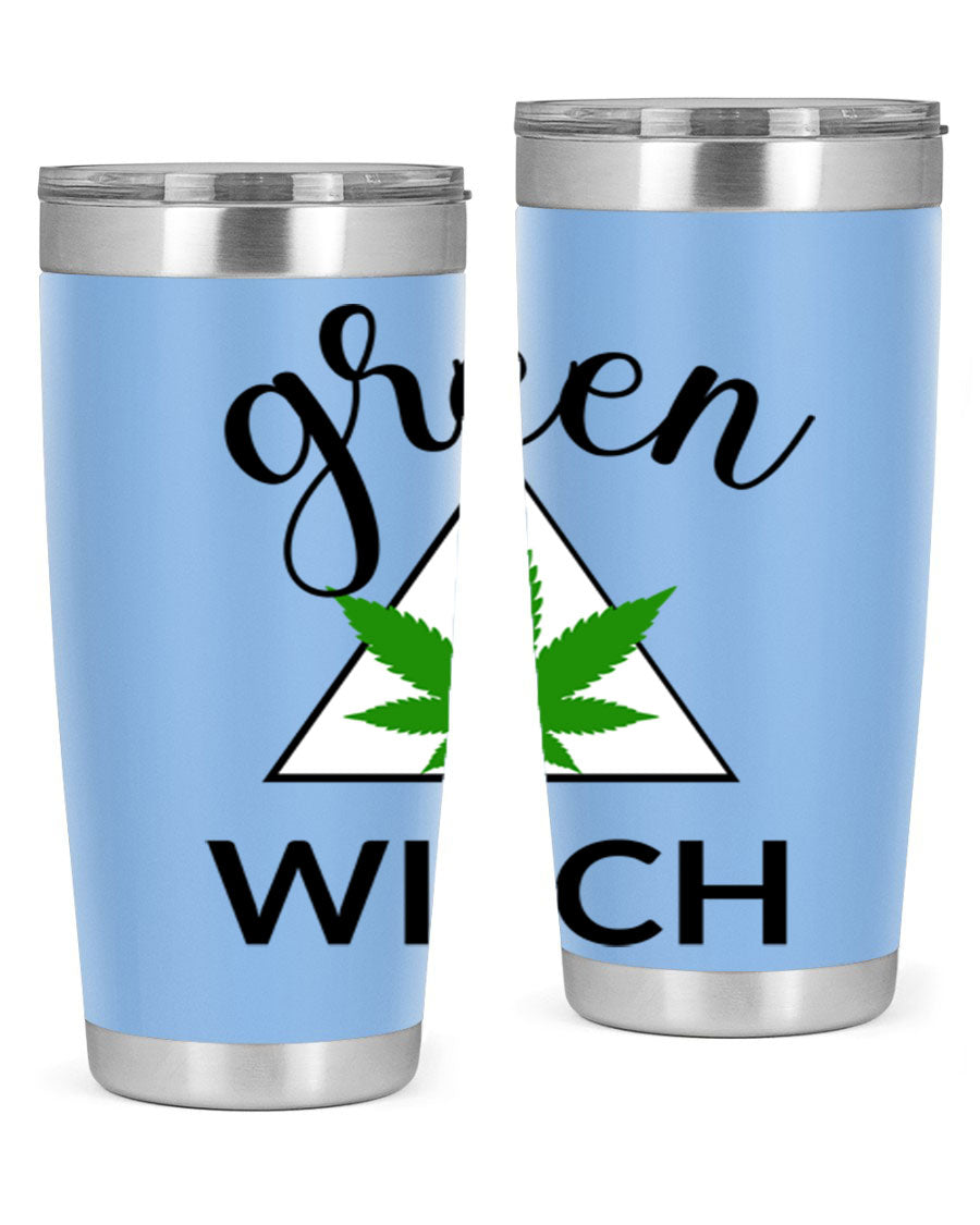 Green cannabis themed tumbler with double wall vacuum insulation and drink-thru lid, perfect for hot and cold beverages.