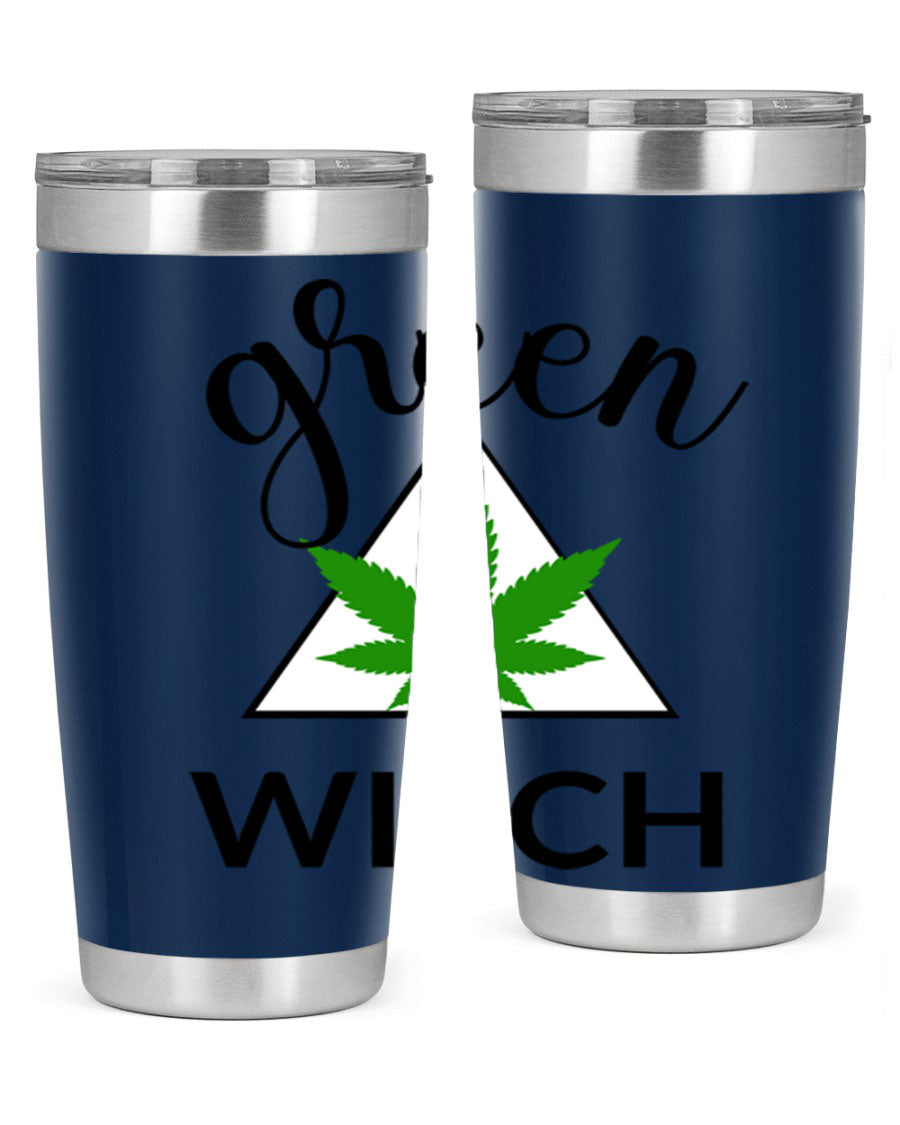 Green cannabis themed tumbler with double wall vacuum insulation and drink-thru lid, perfect for hot and cold beverages.