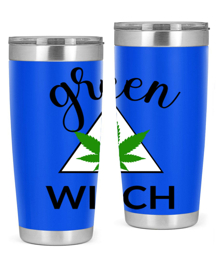Green cannabis themed tumbler with double wall vacuum insulation and drink-thru lid, perfect for hot and cold beverages.