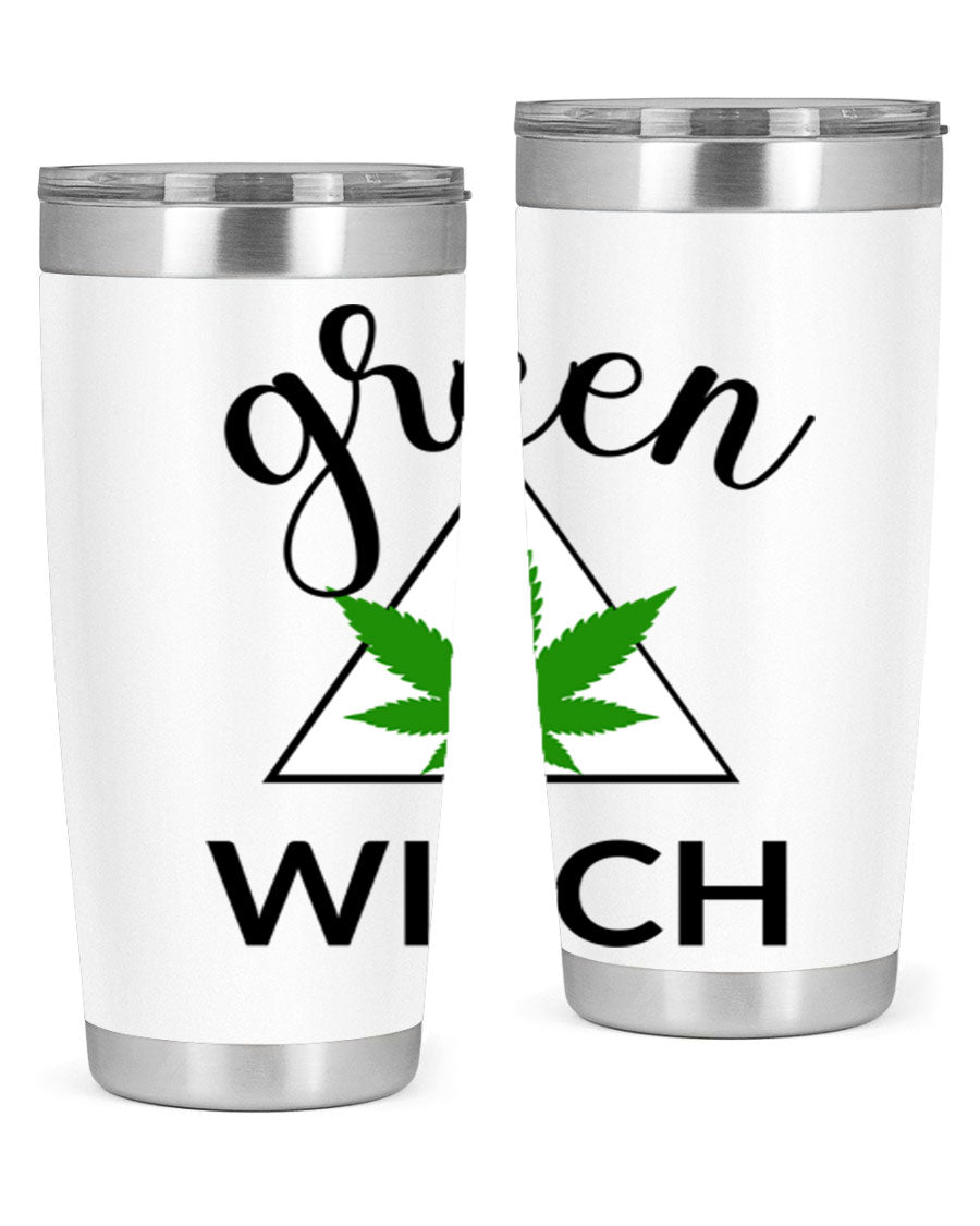 Green cannabis themed tumbler with double wall vacuum insulation and drink-thru lid, perfect for hot and cold beverages.