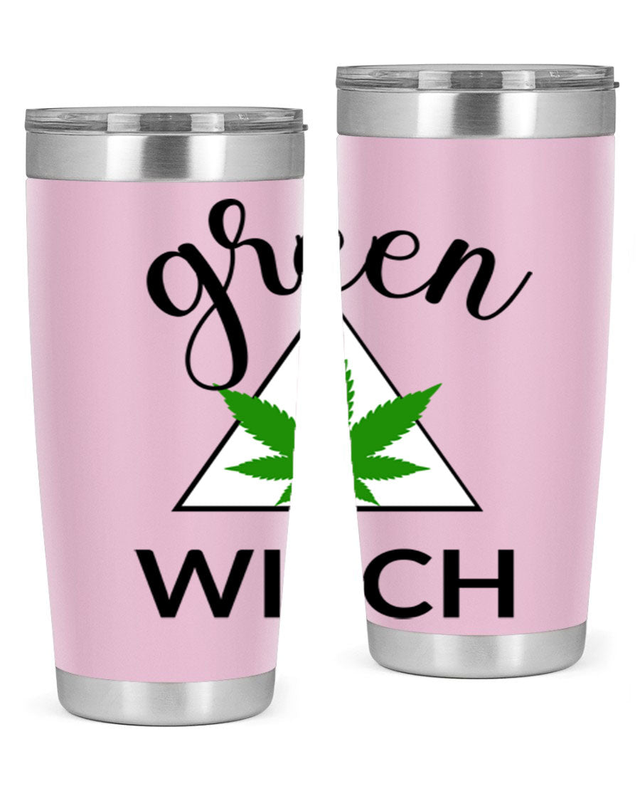 Green cannabis themed tumbler with double wall vacuum insulation and drink-thru lid, perfect for hot and cold beverages.