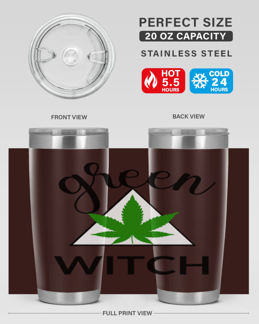 Green cannabis themed tumbler with double wall vacuum insulation and drink-thru lid, perfect for hot and cold beverages.