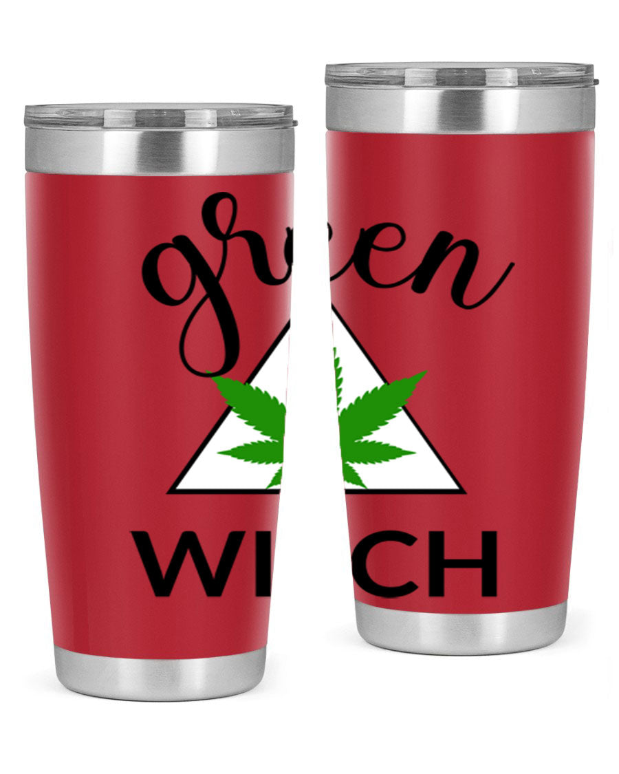 Green cannabis themed tumbler with double wall vacuum insulation and drink-thru lid, perfect for hot and cold beverages.