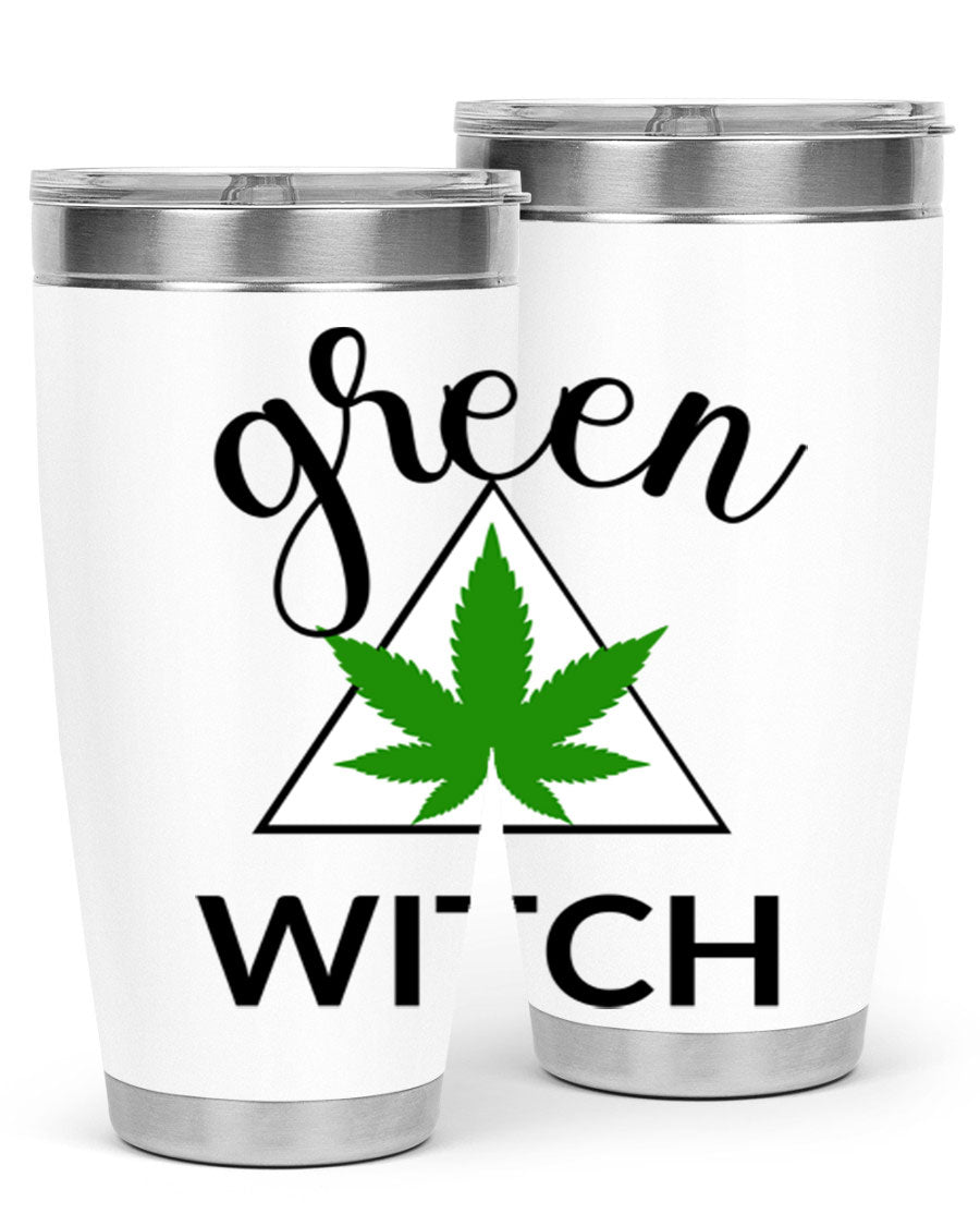 Green cannabis themed tumbler with double wall vacuum insulation and drink-thru lid, perfect for hot and cold beverages.