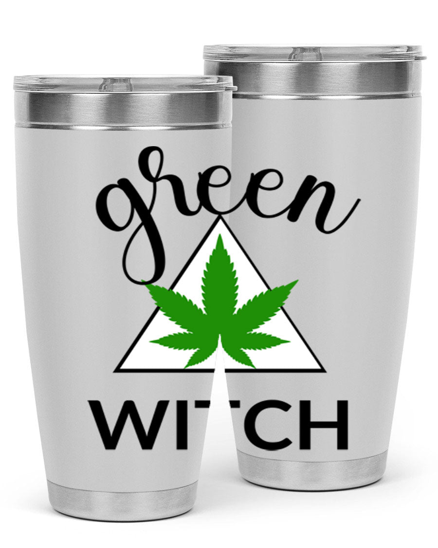 Green cannabis themed tumbler with double wall vacuum insulation and drink-thru lid, perfect for hot and cold beverages.