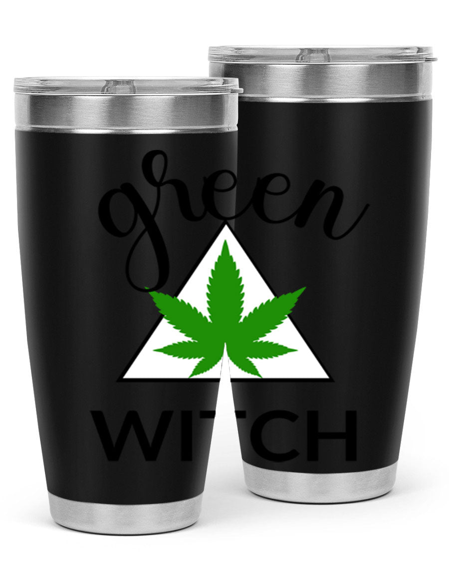 Green cannabis themed tumbler with double wall vacuum insulation and drink-thru lid, perfect for hot and cold beverages.