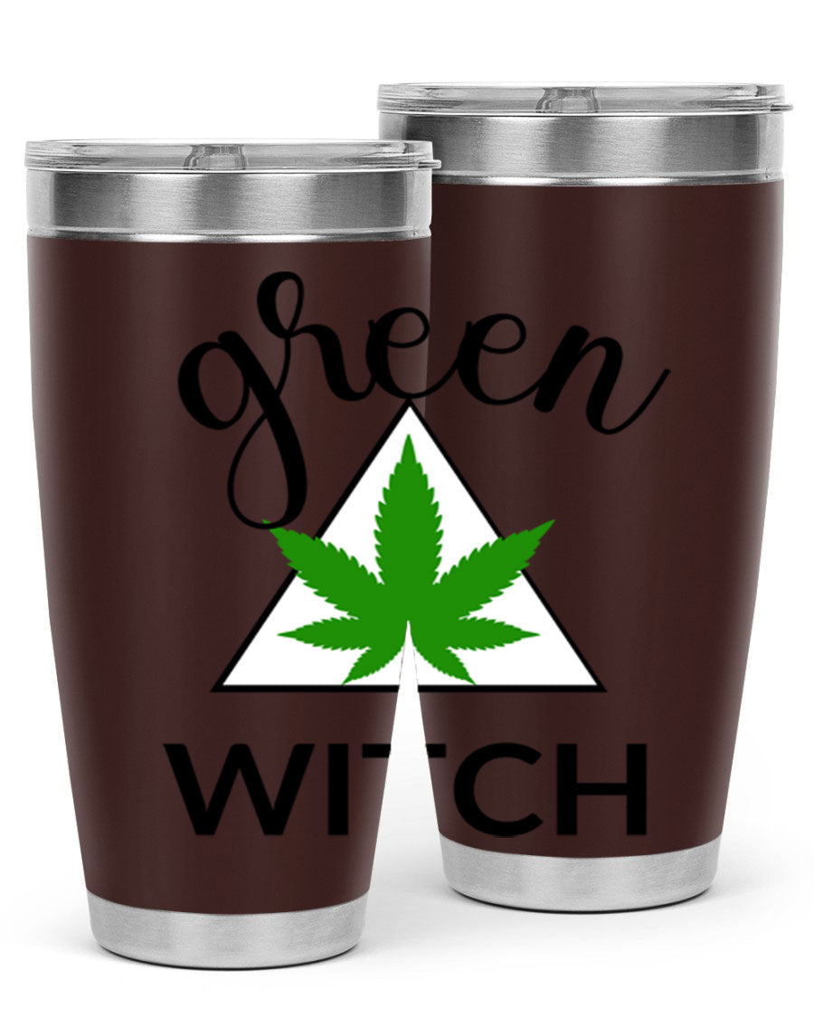Green cannabis themed tumbler with double wall vacuum insulation and drink-thru lid, perfect for hot and cold beverages.