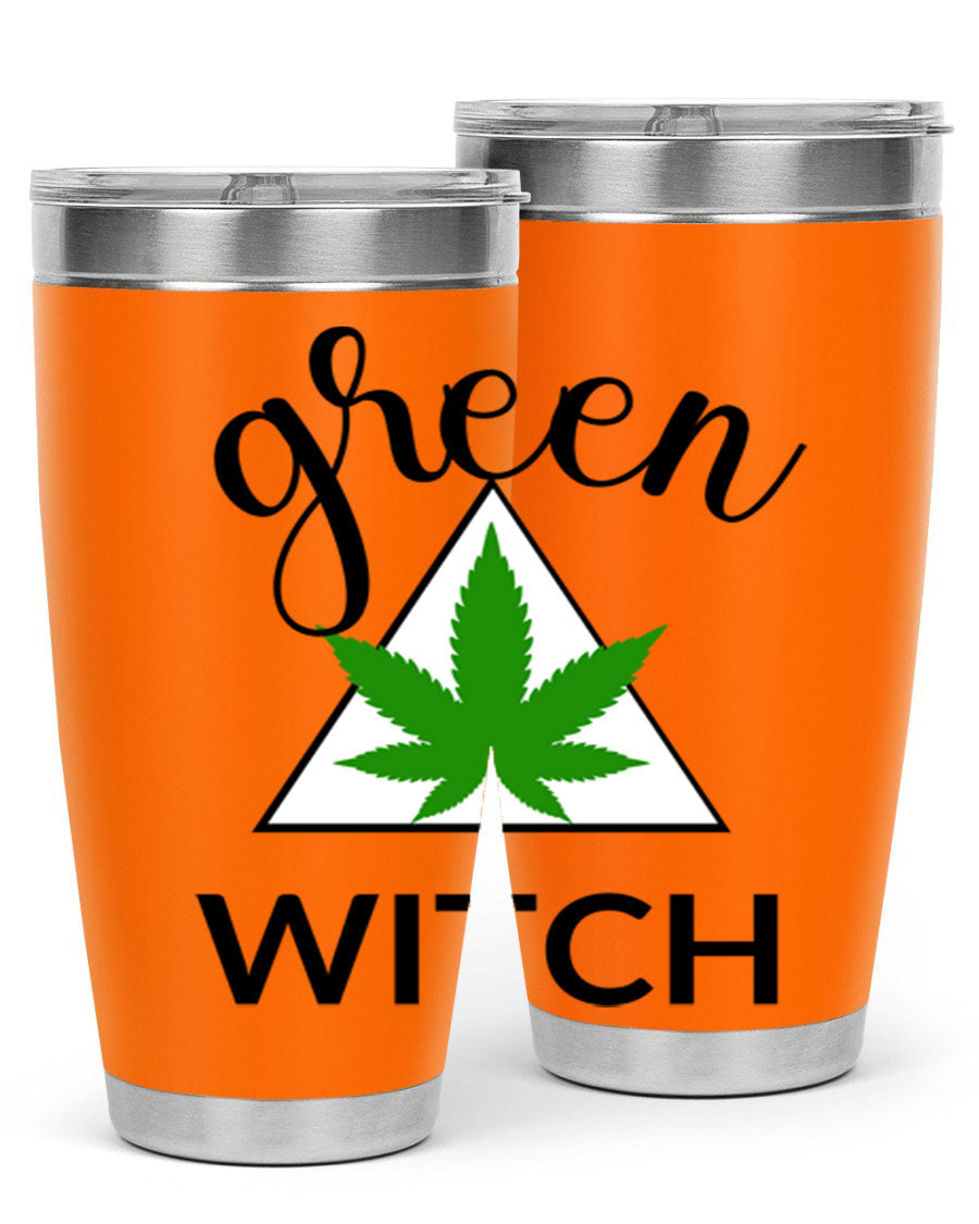 Green cannabis themed tumbler with double wall vacuum insulation and drink-thru lid, perfect for hot and cold beverages.