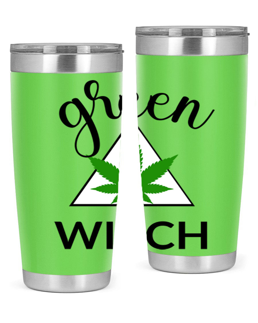 Green cannabis themed tumbler with double wall vacuum insulation and drink-thru lid, perfect for hot and cold beverages.