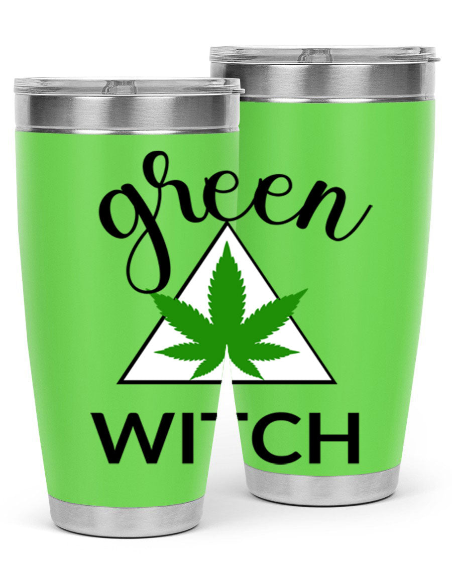 Green cannabis themed tumbler with double wall vacuum insulation and drink-thru lid, perfect for hot and cold beverages.