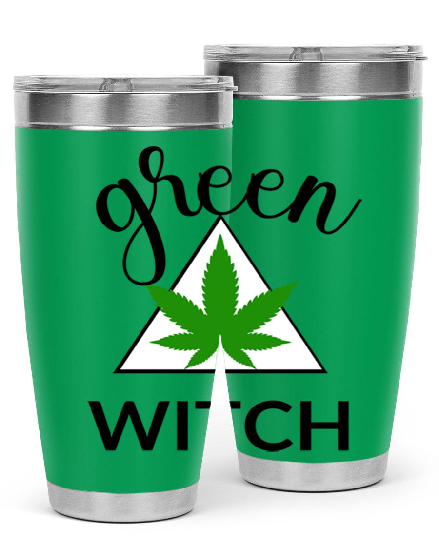 Green cannabis themed tumbler with double wall vacuum insulation and drink-thru lid, perfect for hot and cold beverages.