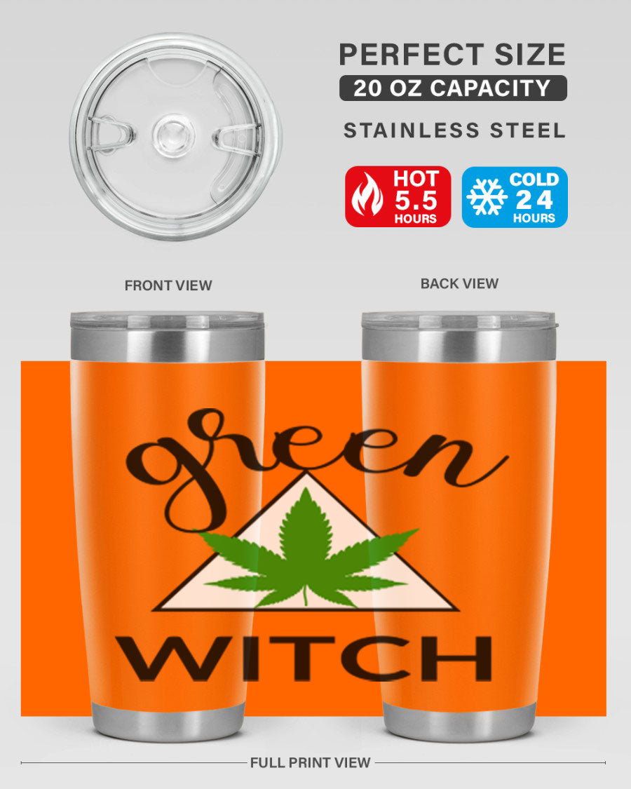 Green cannabis themed tumbler with double wall vacuum insulation and drink-thru lid, perfect for hot and cold beverages.