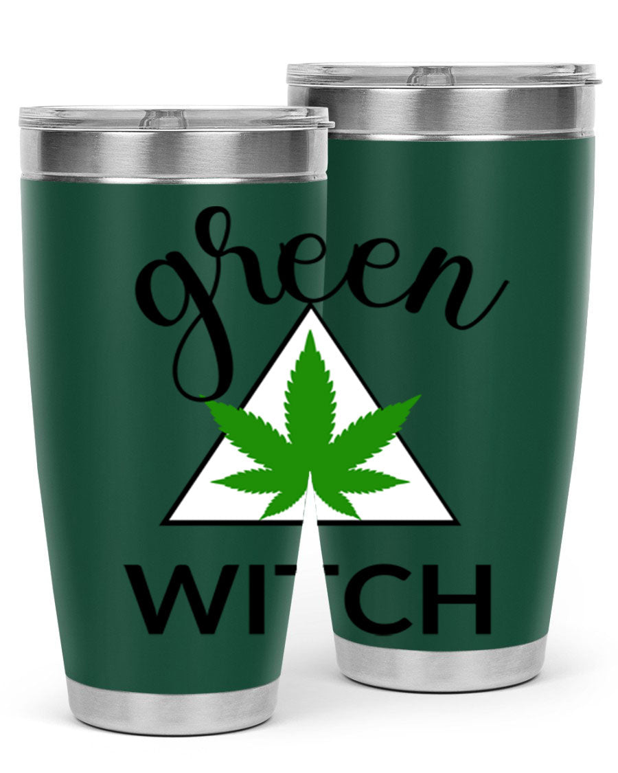 Green cannabis themed tumbler with double wall vacuum insulation and drink-thru lid, perfect for hot and cold beverages.