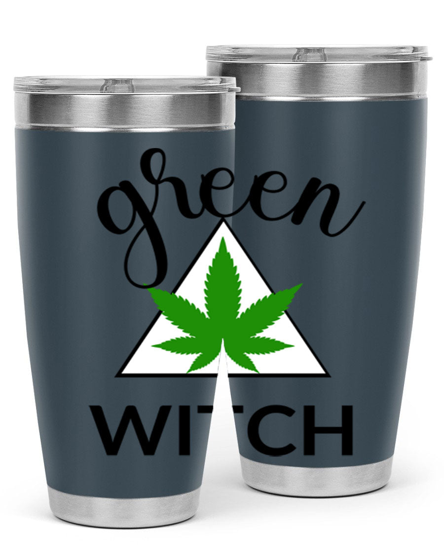 Green cannabis themed tumbler with double wall vacuum insulation and drink-thru lid, perfect for hot and cold beverages.