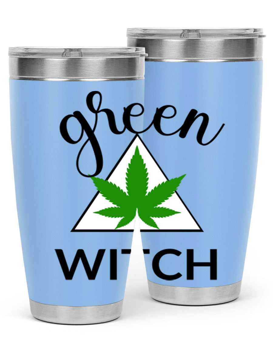 Green cannabis themed tumbler with double wall vacuum insulation and drink-thru lid, perfect for hot and cold beverages.