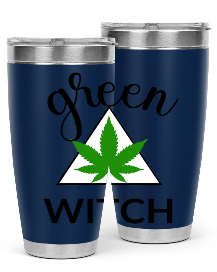 Green cannabis themed tumbler with double wall vacuum insulation and drink-thru lid, perfect for hot and cold beverages.