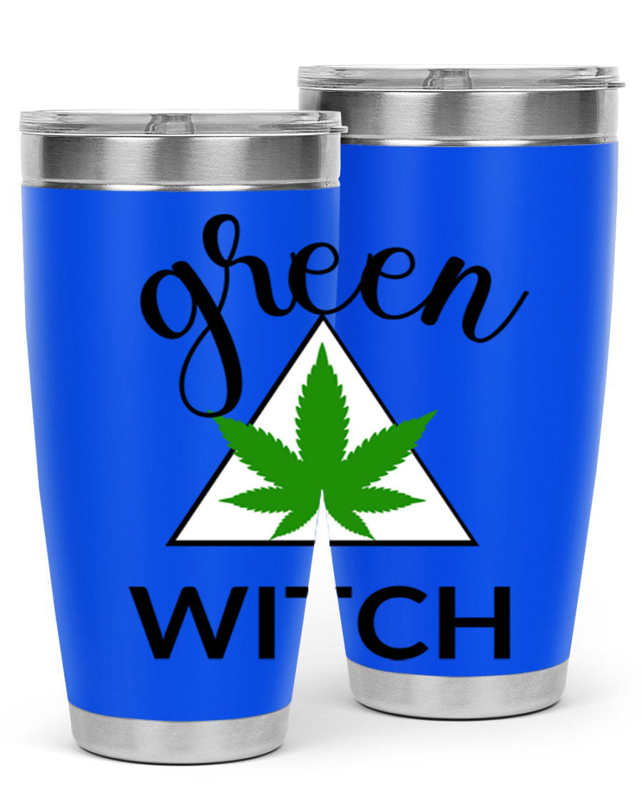 Green cannabis themed tumbler with double wall vacuum insulation and drink-thru lid, perfect for hot and cold beverages.
