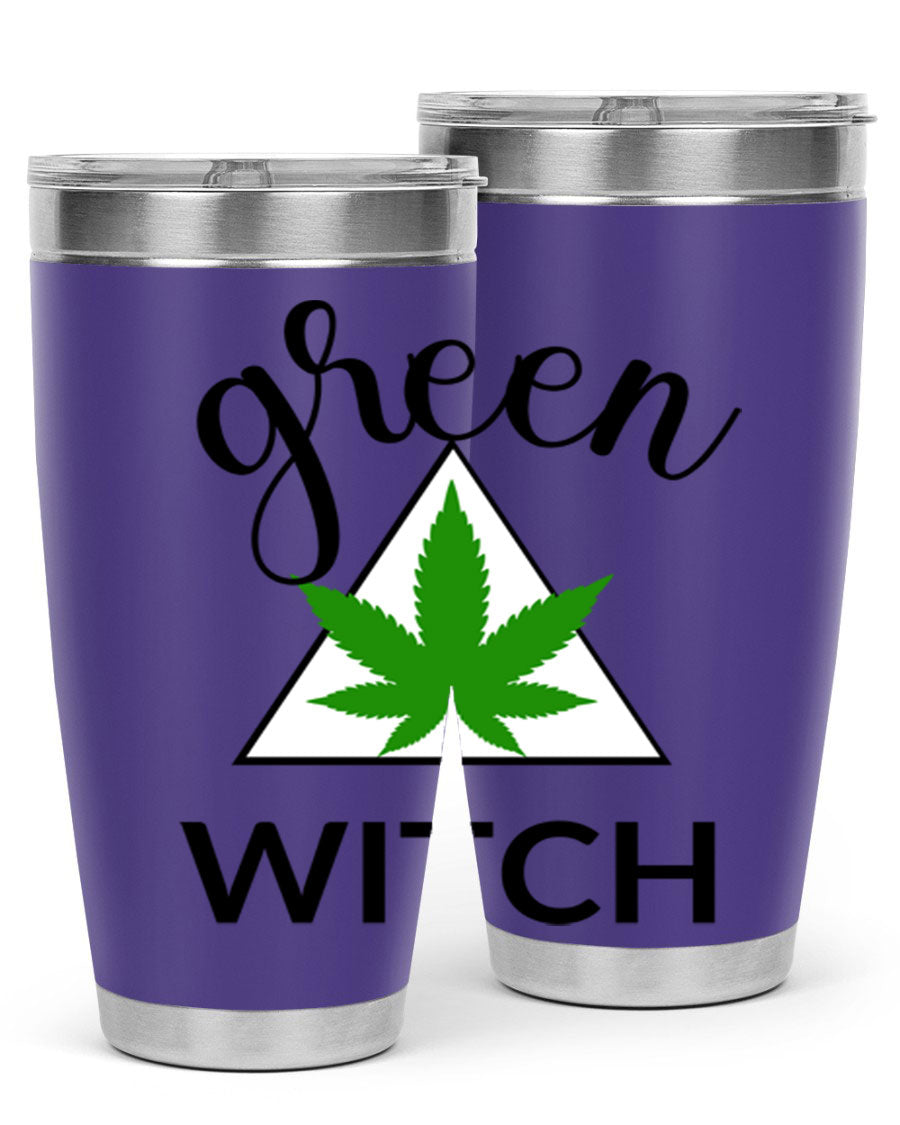 Green cannabis themed tumbler with double wall vacuum insulation and drink-thru lid, perfect for hot and cold beverages.