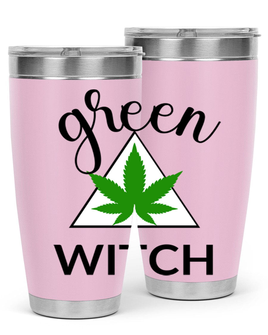 Green cannabis themed tumbler with double wall vacuum insulation and drink-thru lid, perfect for hot and cold beverages.