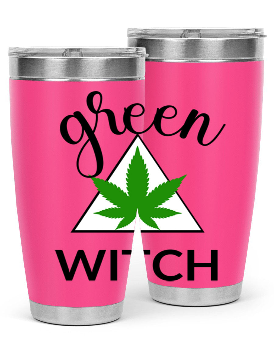 Green cannabis themed tumbler with double wall vacuum insulation and drink-thru lid, perfect for hot and cold beverages.