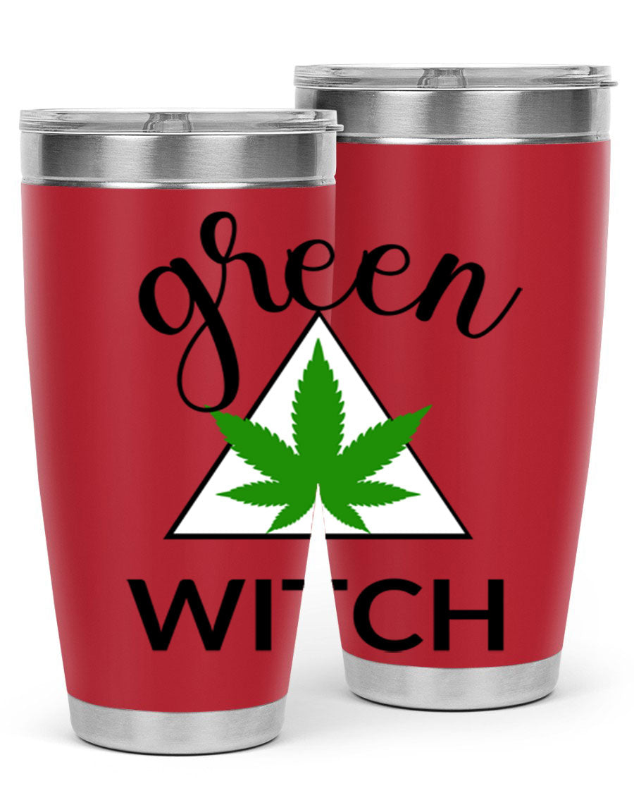 Green cannabis themed tumbler with double wall vacuum insulation and drink-thru lid, perfect for hot and cold beverages.